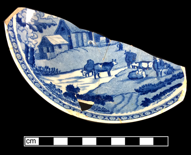 Pearlware printed underglaze saucer in pastoral motif. Rim diameter: 6.00”. Lot:  1G3.885.8. 18BC38